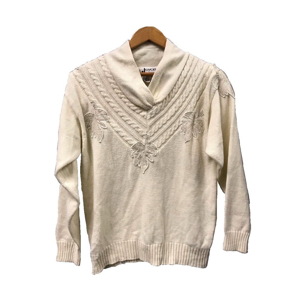 vintage 1980s sweater Joyce pullover leaf appliqués ivory M 80s womens